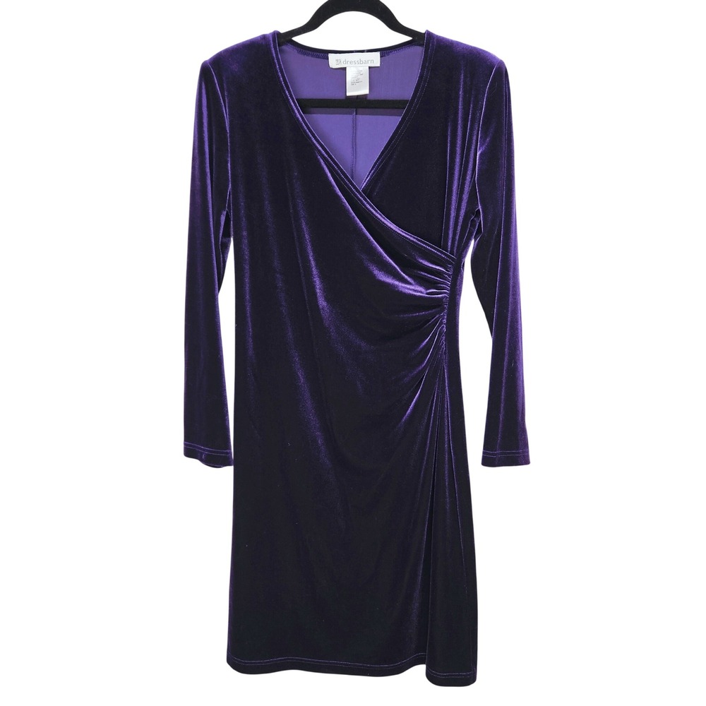 Dressbarn Purple Velvet Faux Wrap Long Sleeve Dress M Cocktail Holiday Glam Luxe